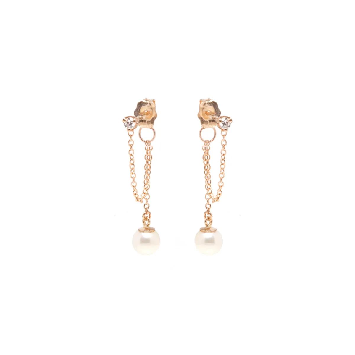 14k Prong Diamond Chain Huggie Earrings with Pearl Drop