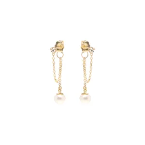14k Prong Diamond Chain Huggie Earrings with Pearl Drop
