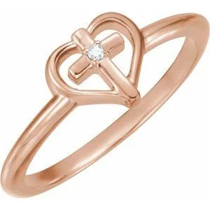 14K Rose .01 CT Diamond Cross with Heart Ring