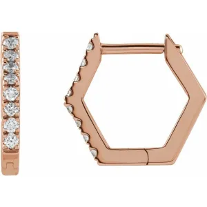 14K Rose 1/8 CTW Diamond Geometric Hinged Hoop Earrings