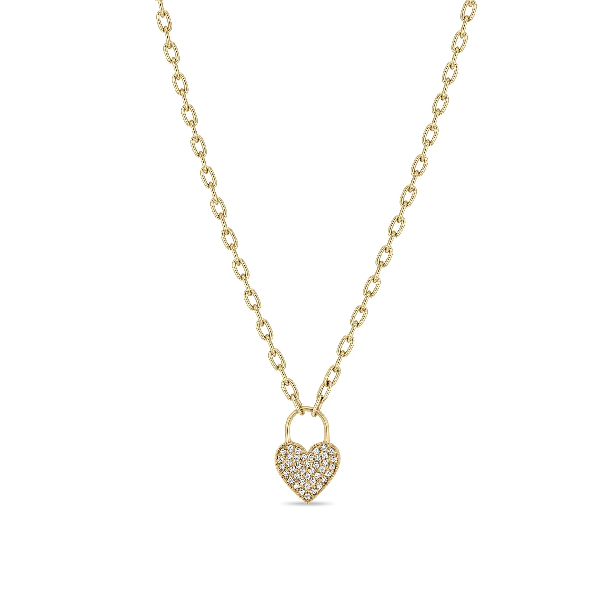 14k Small Oval Link Pavé Diamond Heart Padlock Necklace
