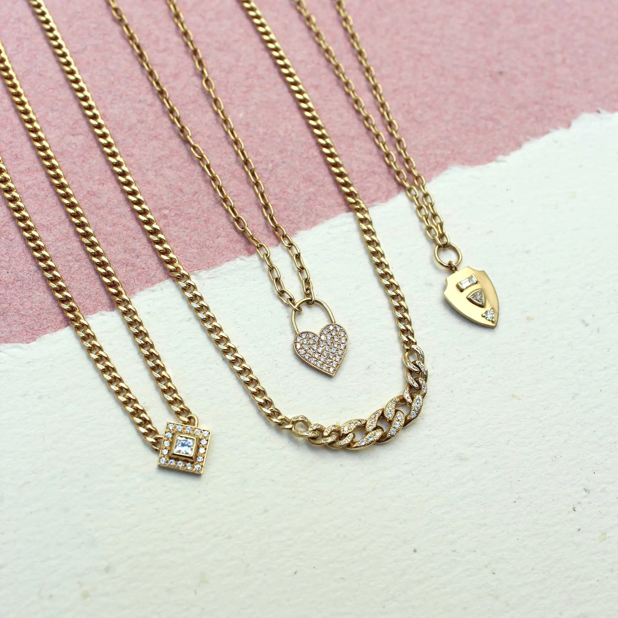 14k Small Oval Link Pavé Diamond Heart Padlock Necklace