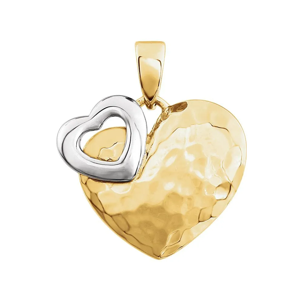 14K Two-Tone 27x17mm Hammered Heart Pendant
