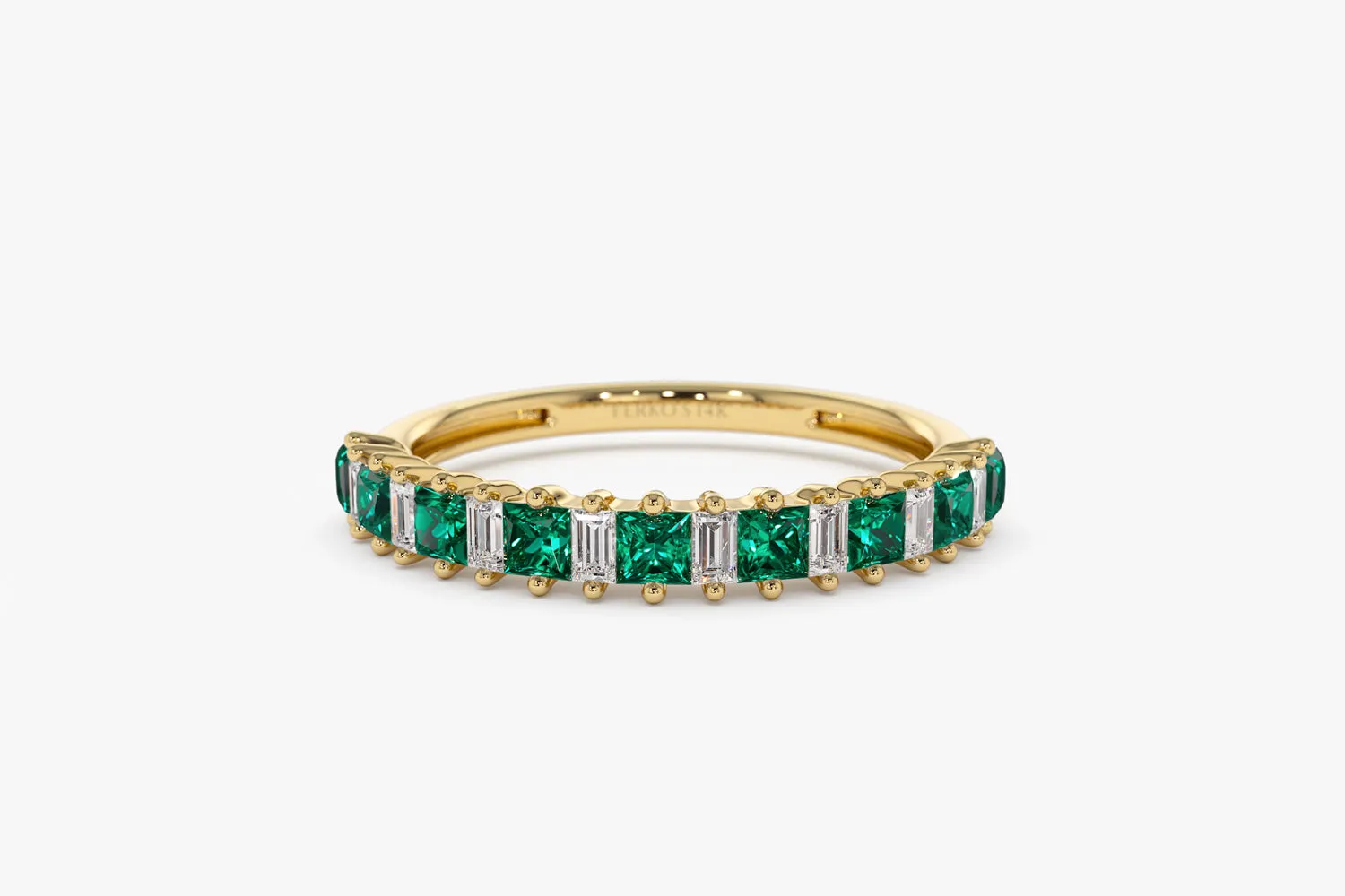 14k Unique Princess Cut Emerald and Baguette Diamond Ring