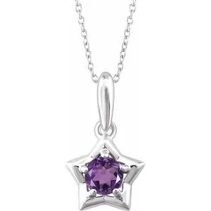 14K White 3 mm Round February Youth Star Birthstone 15" Necklace