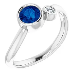 14K White Blue Sapphire & .06 CT Diamond Two-Stone Ring