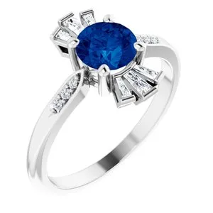 14K White Chatham® Created Blue Sapphire & 1/6 CTW Diamond Ring