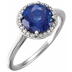 14K White Chatham® Lab-Created Blue Sapphire & .05 CTW Diamond Ring