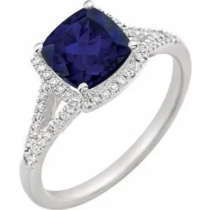 14K White Created Blue Sapphire & 1/5 CTW Diamond Ring