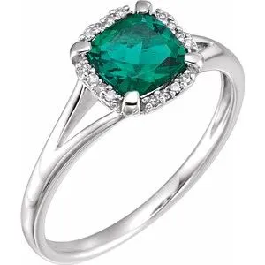 14K White Created Emerald & .05 CTW Diamond Ring
