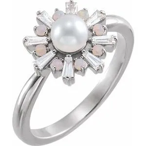 14K White  Cultured White Akoya Pearl, White Opal & 1/4 CTW Diamond