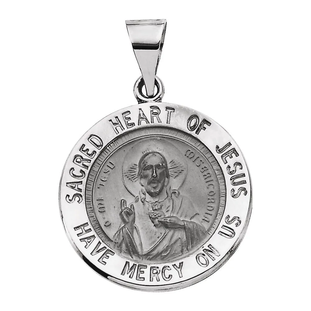 14k White Gold 18.5mm Hollow Round Sacred Heart of Jesus Medal