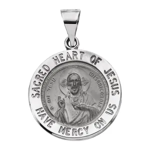 14k White Gold 18.5mm Hollow Round Sacred Heart of Jesus Medal