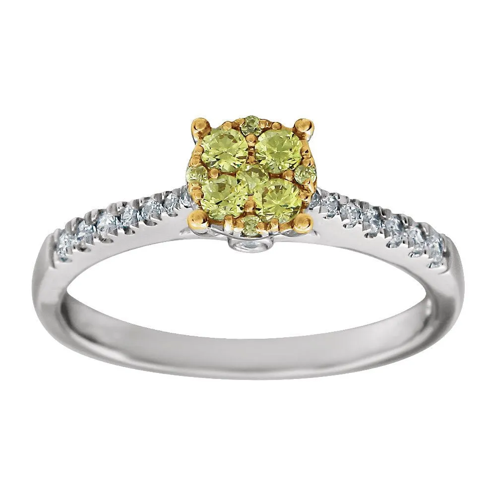 14k White Gold 3/8 CTW Yellow & White Diamond Cluster Ring, Size 7