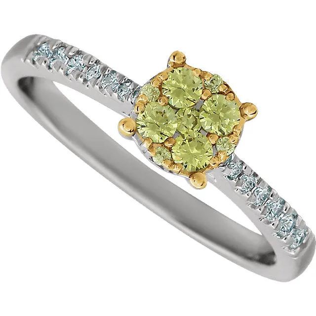 14k White Gold 3/8 CTW Yellow & White Diamond Cluster Ring, Size 7