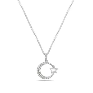 14K White Gold Diamond Moon & Star Necklace