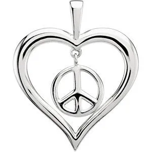 14k White Gold Heart Peace Sign Pendant