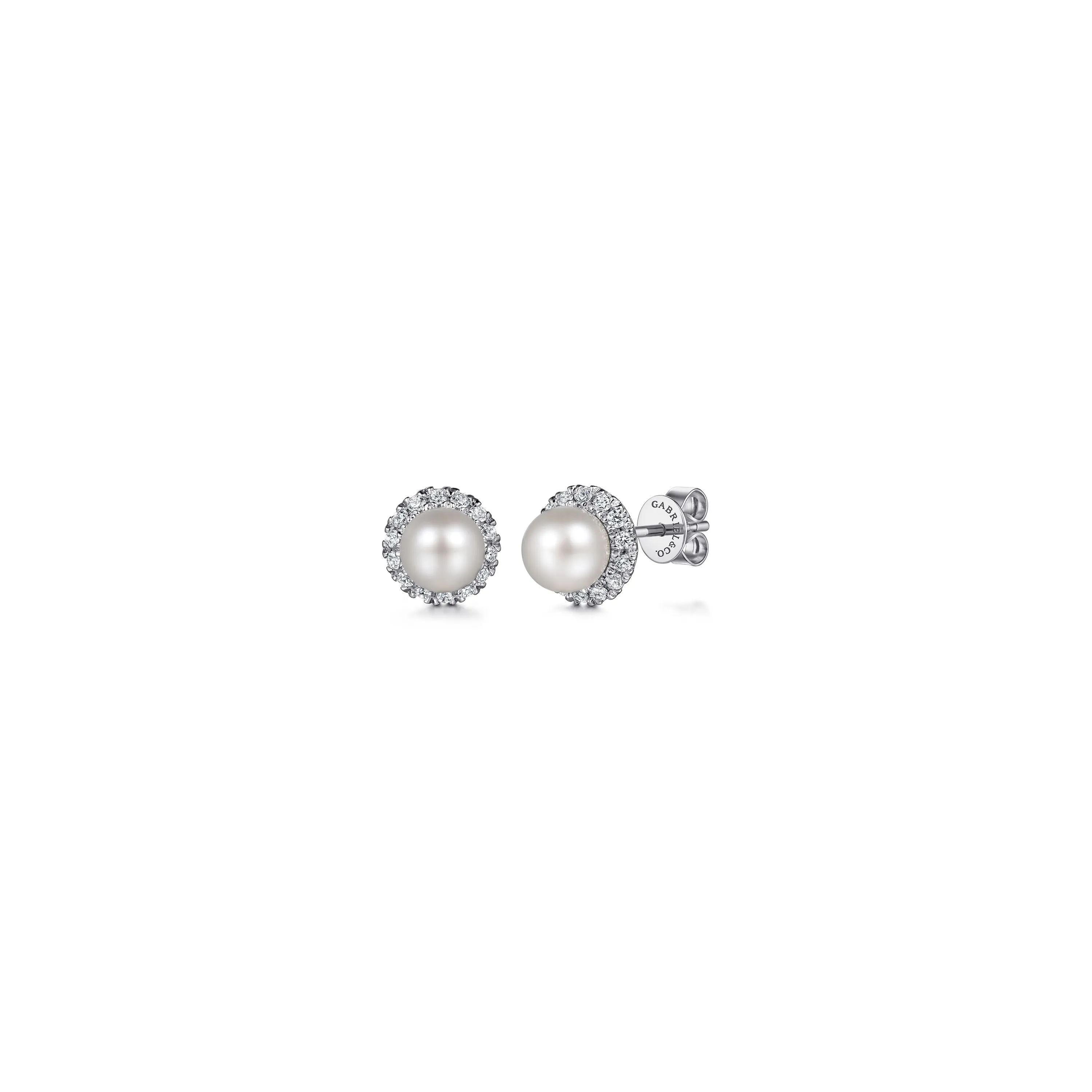 14K White Gold PL - Pearl stud Earrings, 0.14ctw H/I-SI