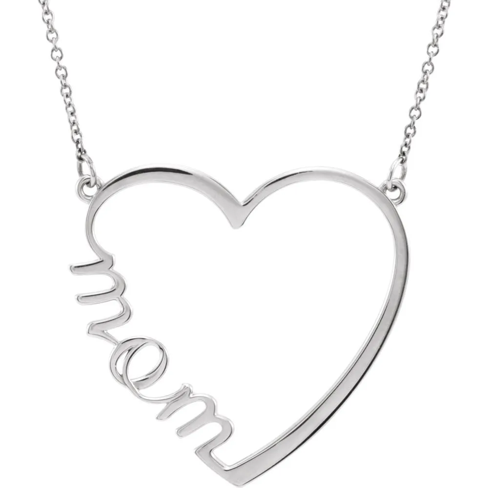 14k White Gold "Mom" Heart 17" Necklace
