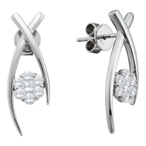 14K White Gold Round Diamond Flower Cluster Screwback Stud Earrings 1/2 Cttw