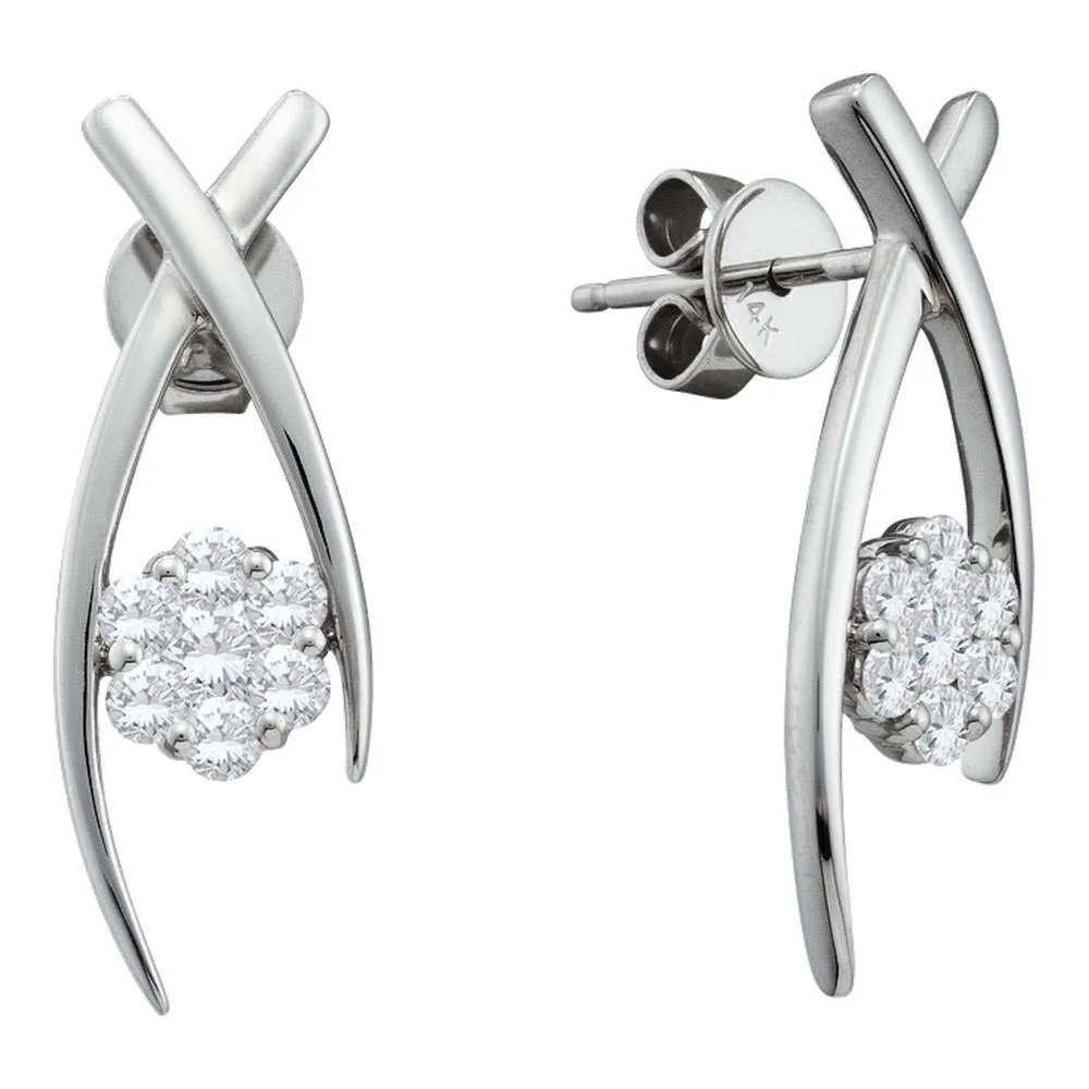 14K White Gold Round Diamond Flower Cluster Screwback Stud Earrings 1/2 Cttw