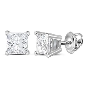 14K White Gold Unisex Princess Diamond Solitaire Stud Earrings 1.00 Cttw