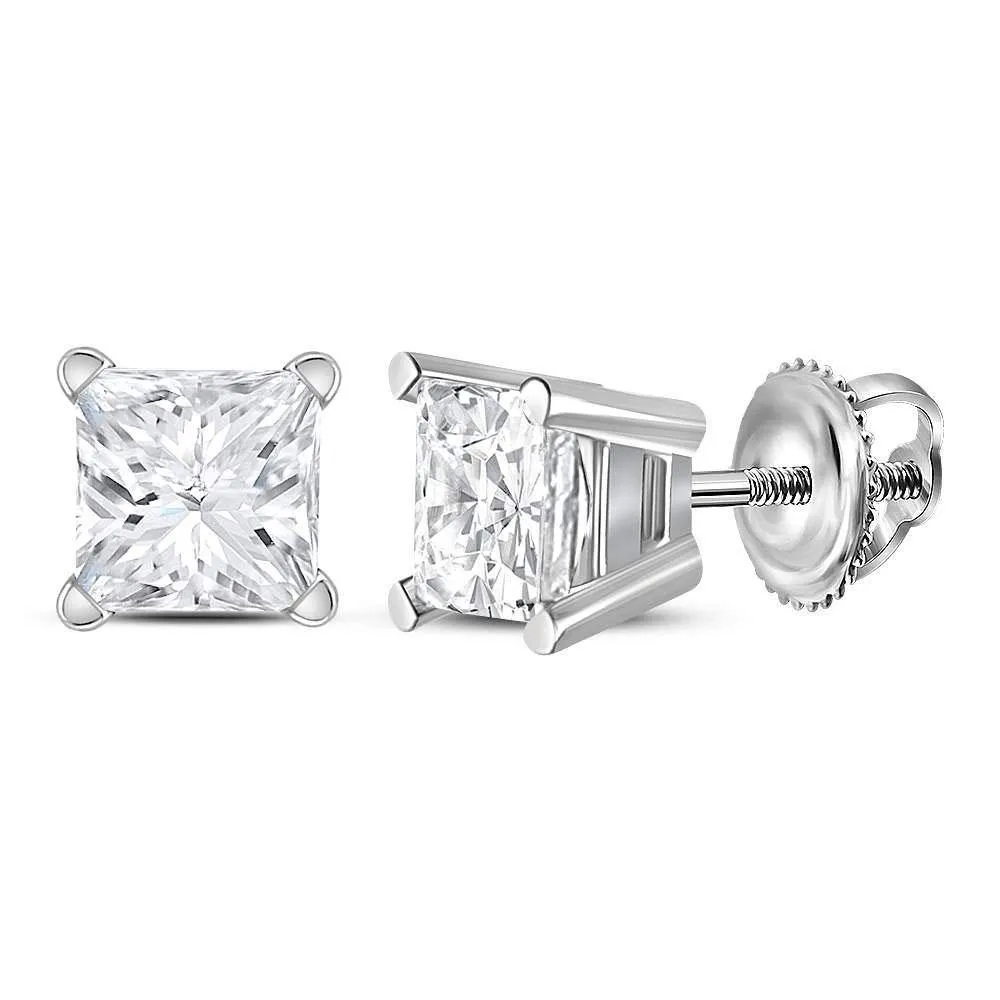 14K White Gold Unisex Princess Diamond Solitaire Stud Earrings 1.00 Cttw