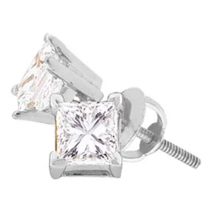 14K White Gold Unisex Princess Diamond Solitaire Stud Earrings 1/3 Cttw