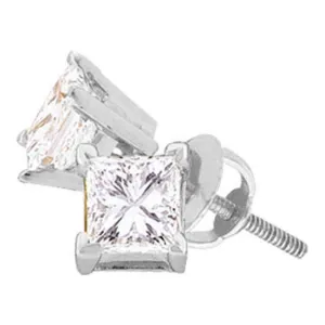 14K White Gold Unisex Princess Diamond Solitaire Stud Earrings 1/6 Cttw