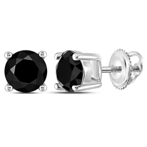 14K White Gold Unisex Round Black Color Enhanced Diamond Solitaire Screwback Stud Earrings 1-1/2 Cttw