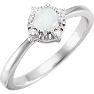 14K White Lab-Grown White Opal & .04 CTW Natural Diamond Halo-Style Ring
