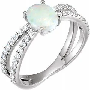14K White Opal & 1/3 CTW Diamond Ring