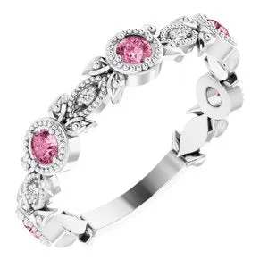 14K White Pink Tourmaline & .03 CTW Diamond Leaf Ring