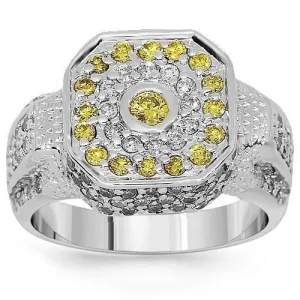 14K White Solid Gold Mens Diamond Ring with Yellow Diamonds 1.75 Ctw