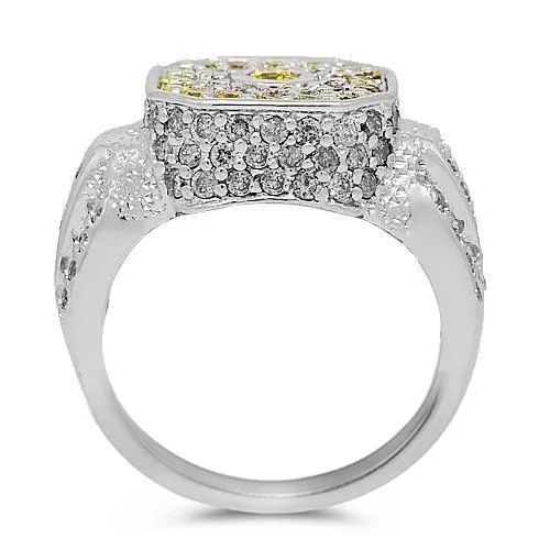 14K White Solid Gold Mens Diamond Ring with Yellow Diamonds 1.75 Ctw
