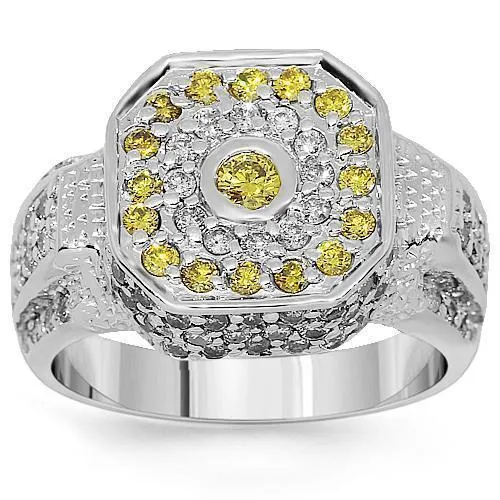 14K White Solid Gold Mens Diamond Ring with Yellow Diamonds 1.75 Ctw