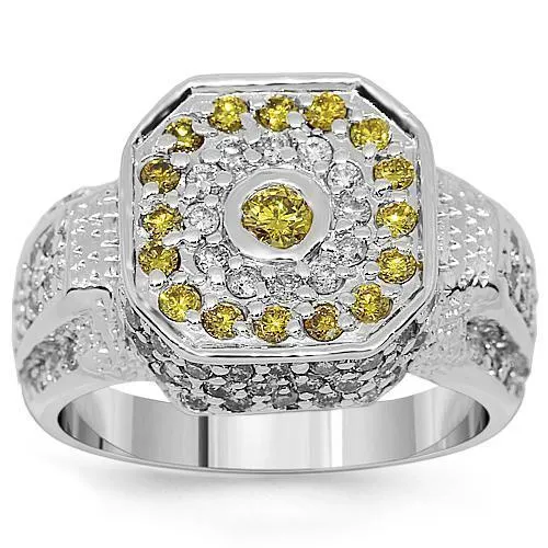 14K White Solid Gold Mens Diamond Ring with Yellow Diamonds 1.75 Ctw