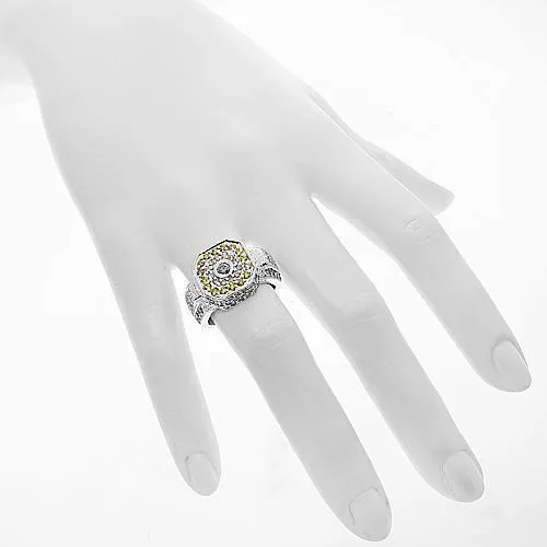14K White Solid Gold Mens Diamond Ring with Yellow Diamonds 1.75 Ctw