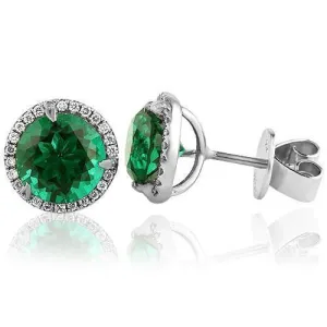 14K White Solid Gold Womens Diamond Stud Earrings With Emerald Center Stone 0.45 Ctw