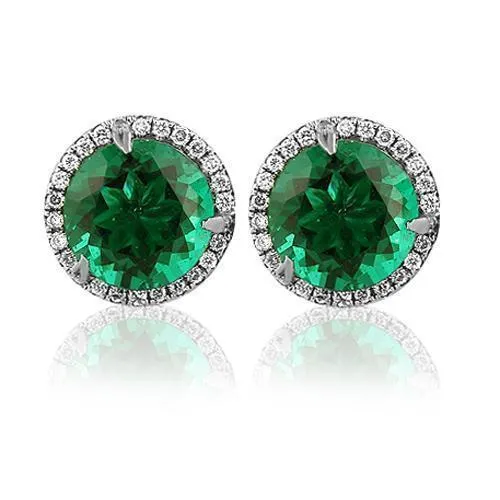 14K White Solid Gold Womens Diamond Stud Earrings With Emerald Center Stone 0.45 Ctw