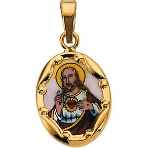 14k Yellow Gold 13x10mm Sacred Heart of Jesus Hand-Painted Porcelain Pendant