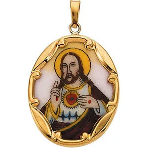 14k Yellow Gold 25x19.5mm Sacred Heart of Jesus Hand-Painted Porcelain Pendant