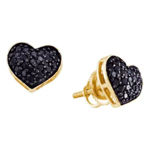 14k Yellow Gold Black Color Enhanced Diamond Womens Pave Cluster Screwback Stud Heart Earrings 3/8 Cttw