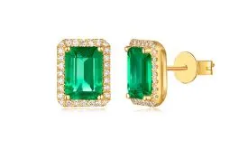 14K Yellow Gold Diamond and Emerald Stud Earrings