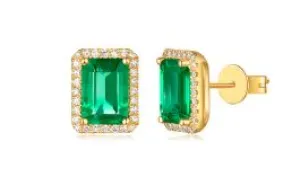 14K Yellow Gold Diamond and Emerald Stud Earrings