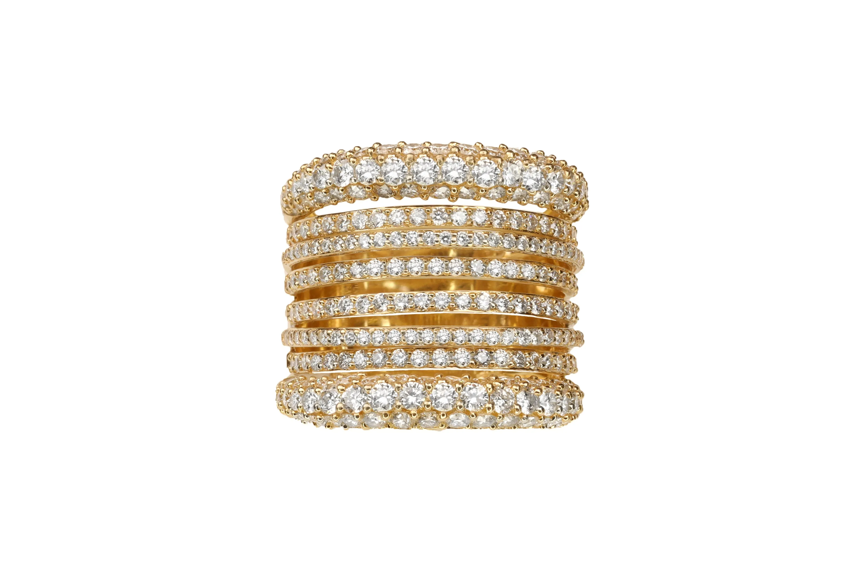 14k Yellow Gold Diamond Eight Row Ring
