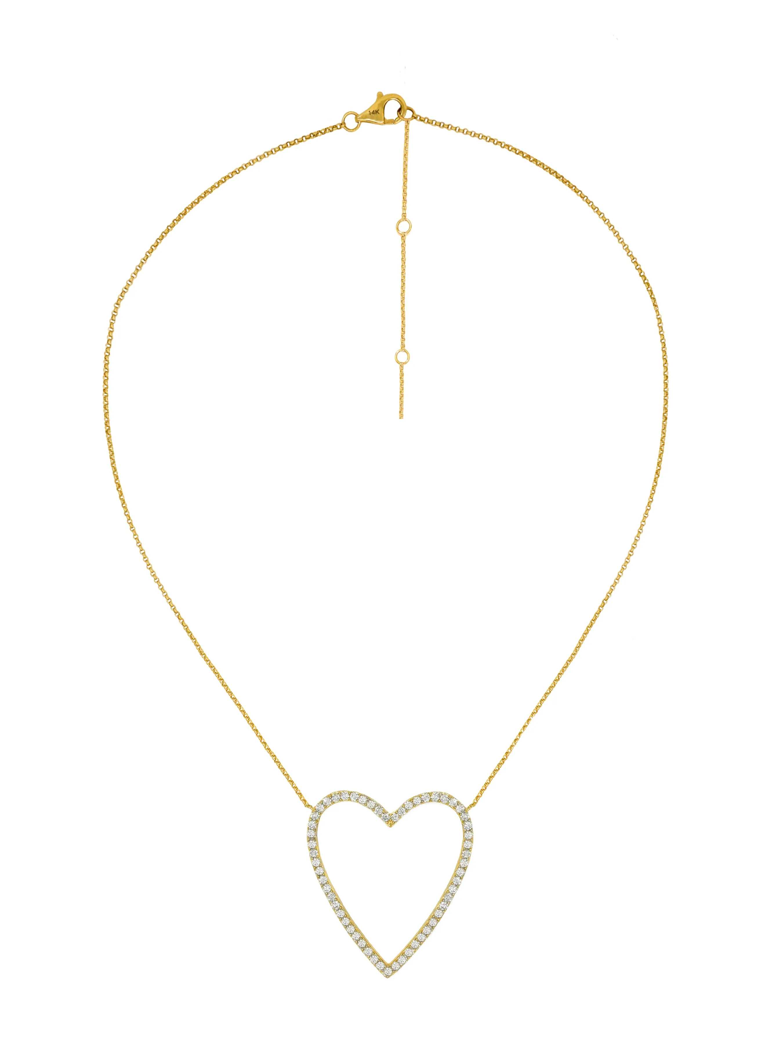 14k Yellow Gold Diamond Large Open Heart Necklace