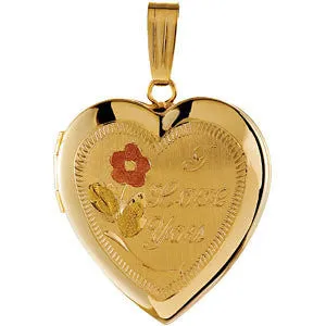 14k Yellow Gold Engraved Flower "I Love You" Heart Locket