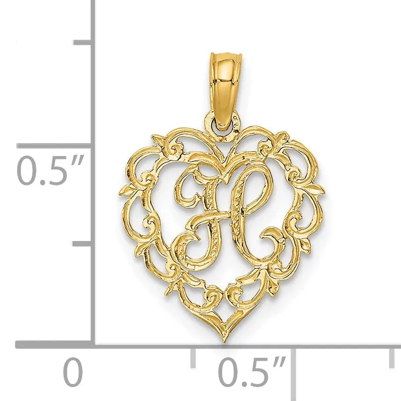 14K Yellow Gold Heart Shape Fancy Script Letter H Initial Charm Pendant