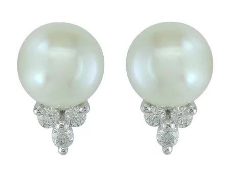 14K Yellow Gold Pearl and Diamond Stud Earrings